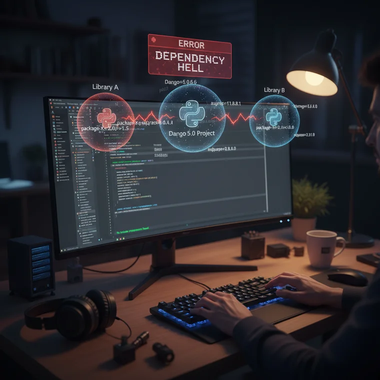 Diagram zarządzania zależnościami pip i plikiem requirements.txt w projekcie Django 5.0, ilustrujący proces instalacji i aktualizacji
