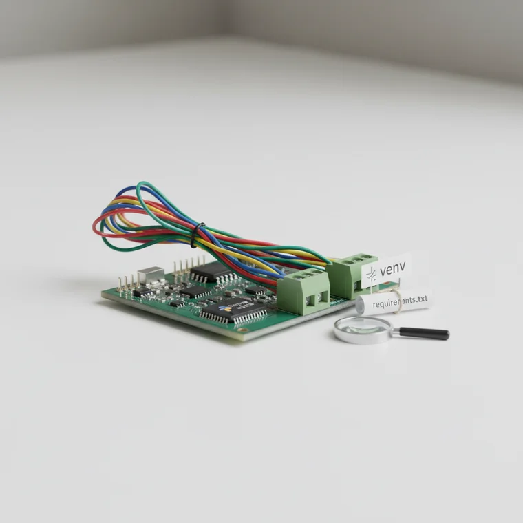 Schemat projektu Django 5.0 z bibliotekami pip, pokazujący izolację zależności i sposób rozwiązywania konfliktów wersji