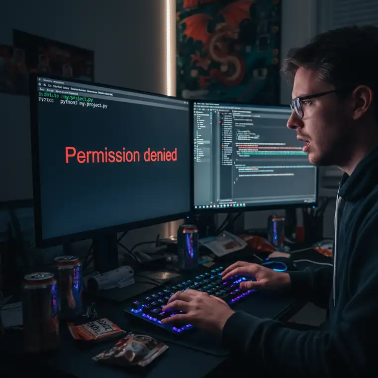 Schemat zapisu pliku Pythona na zewnętrznym dysku w Ubuntu z zaznaczonym błędem Permission denied i ustawieniami montowania