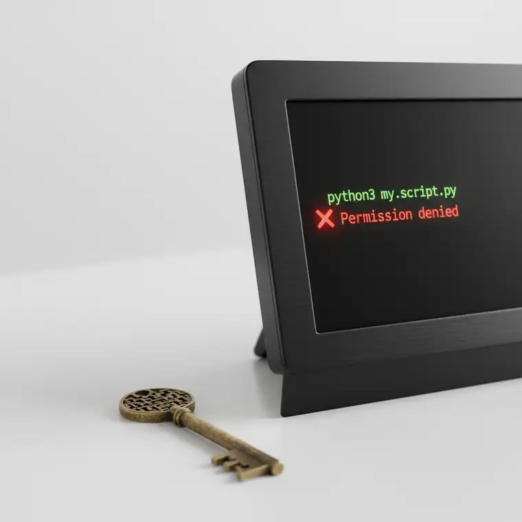 Programista w terminalu Linux analizuje błąd Permission denied przy zapisie pliku Pythona w Ubuntu, fokus na uprawnienia plików