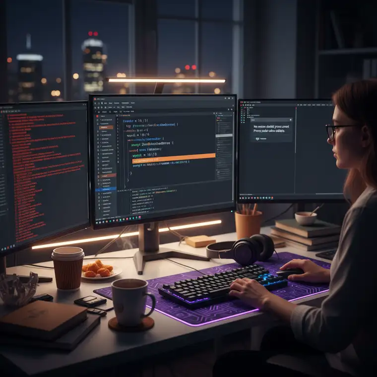 Schemat aplikacji Python z blokami try/except obsługującymi błędy sieciowe, I/O i wyjątkowe przypadki danych wejściowych