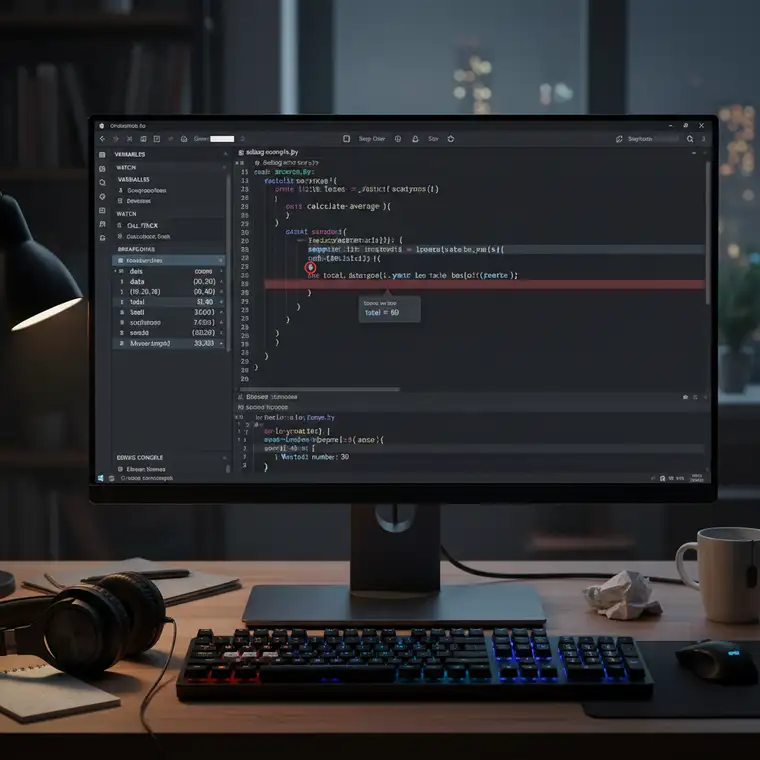 Krok po kroku ustawianie breakpointów w edytorze VS Code podczas debugowania skryptu Python bez rozszerzeń zewnętrznych