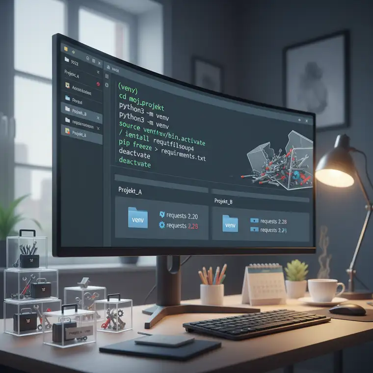 Schemat przepływu pracy z Python venv – tworzenie, aktywacja, instalacja pakietów i zapis wymaganych bibliotek w pliku requirements dla projektu