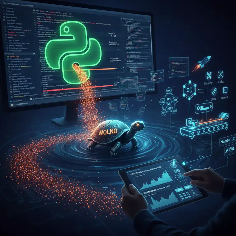 Schemat optymalizacji pętli i list w Pythonie, pokazujący, dlaczego skrypt Python działa wolno na dużej liście oraz jakie techniki przyspieszają operacje