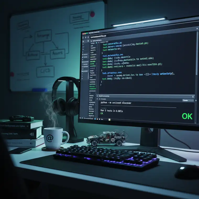 Diagram pokazujący przepływ pracy backend developera z testami jednostkowymi unittest w Pythonie i zielone wyniki CI