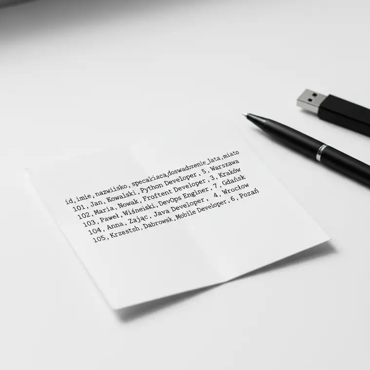 Programista analizuje plik CSV w Pythonie bez bibliotek zewnętrznych, linia po linii, na ekranie z kodem i danymi tabelarycznymi