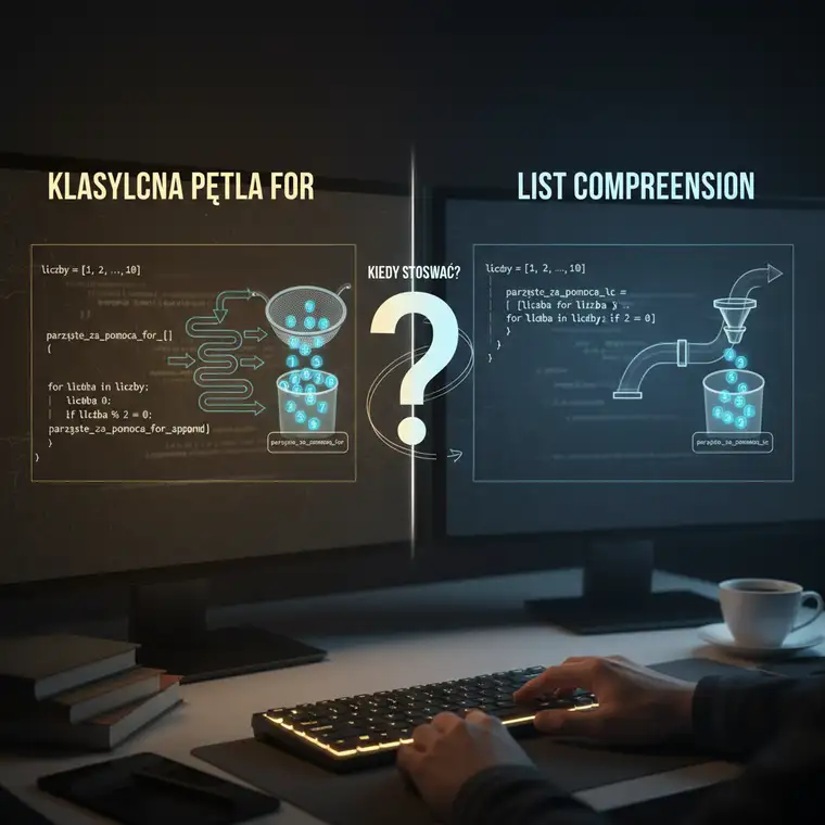 Ilustracja procesu pisania kodu Python z list comprehension i pętlą for, programista wybiera bardziej czytelne rozwiązanie