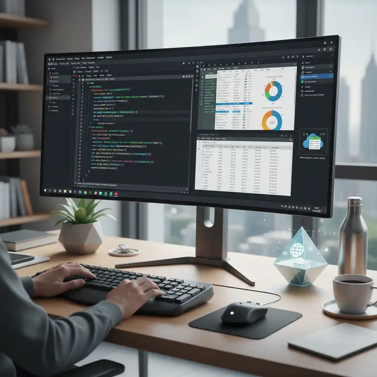 Analityk danych tworzy automatyczne raporty i dashboardy w Excelu za pomocą skryptów Python na dwóch monitorach w 2026 roku
