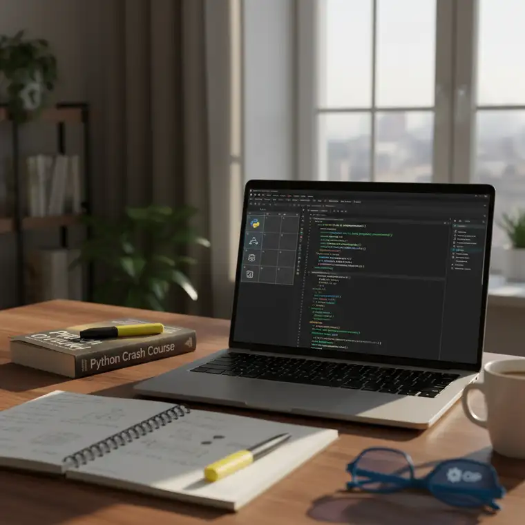 Uczący się programista tworzy mały projekt w Pythonie, korzystając z planu nauki Pythona od zera w 30 dni i pisze kod w edytorze