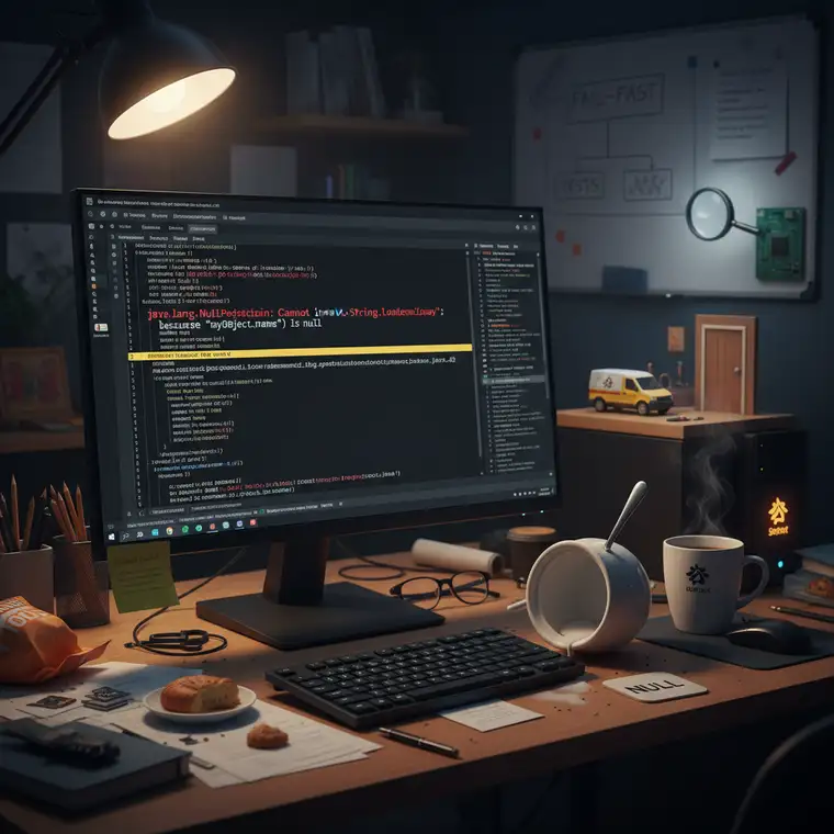 Diagram ilustrujący przepływ obsługi błędu NullPointerException w Java 17: stacktrace, debugowanie w IDE i analiza logów w aplikacji Spring Boot