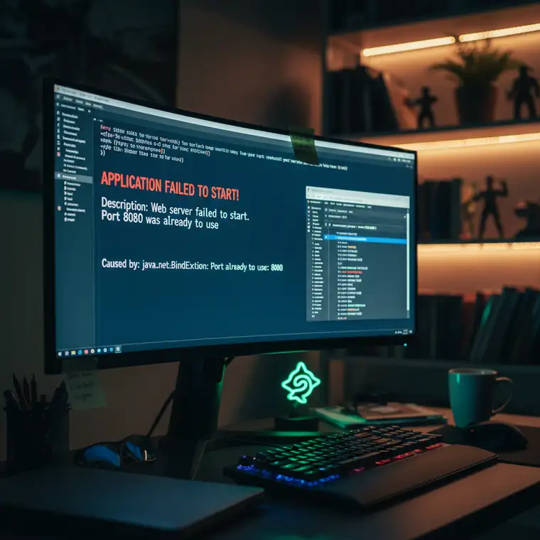 Diagram pokazujący kilka usług używających portu 8080 i powodujących błąd Port already in use w Spring Boot
