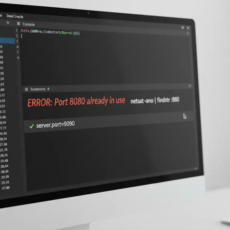 Schemat blokady portu 8080 przez inny proces, ilustrujący błąd Port already in use w aplikacji Spring Boot