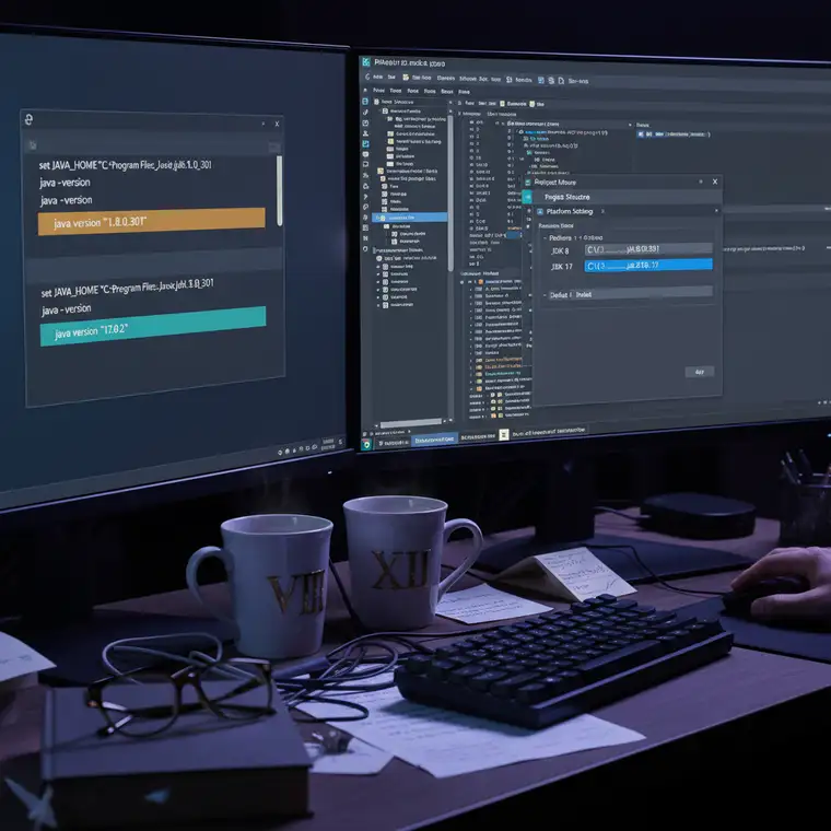 Schemat pokazujący dwa równoległe terminale Windows – jeden z JDK 8, drugi z JDK 17, ilustrujący przełączanie wersji JDK skryptami