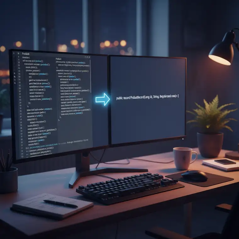 Schemat przepływu danych w aplikacji Java 17, pokazujący rekordy jako DTO, obiekty wartości i zdarzenia w komunikacji warstw