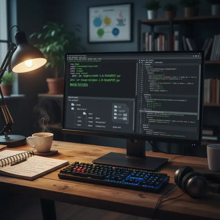 Diagram konfiguracji Maven: sekcja dependencies w pliku pom.xml z bibliotekami JUnit i Apache Commons w istniejącym projekcie Java