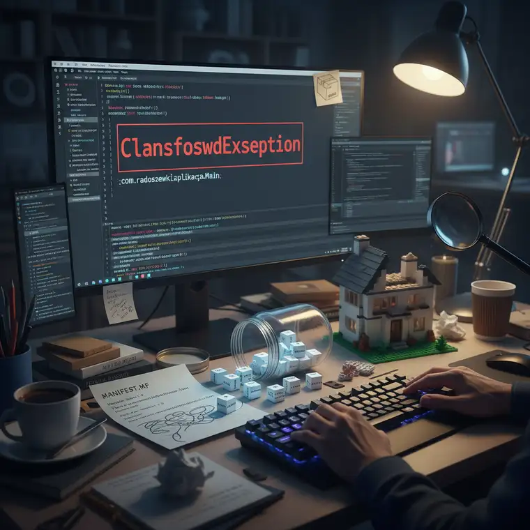 Schemat pokazujący konfigurację MANIFEST.MF, ścieżki Class-Path oraz poprawne ustawienie zależności w grubym JARze Java