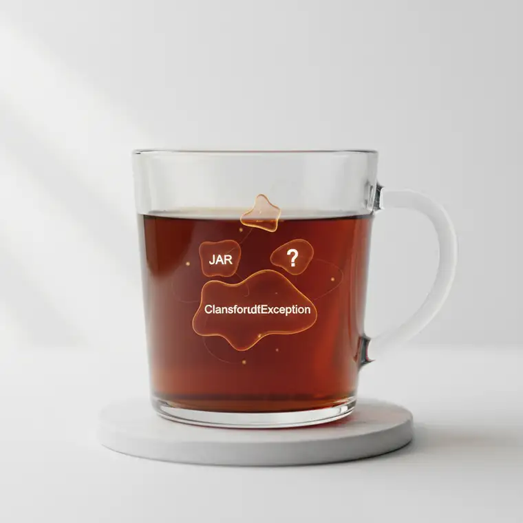 Schemat ilustrujący błąd ClassNotFoundException przy uruchamianiu aplikacji Java z JAR oraz problemy z classpath i zależnościami