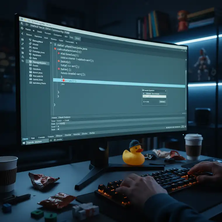 Widok panelu debugowania IntelliJ IDEA Community z podglądem zmiennych i sterowaniem krokowym dla aplikacji Java