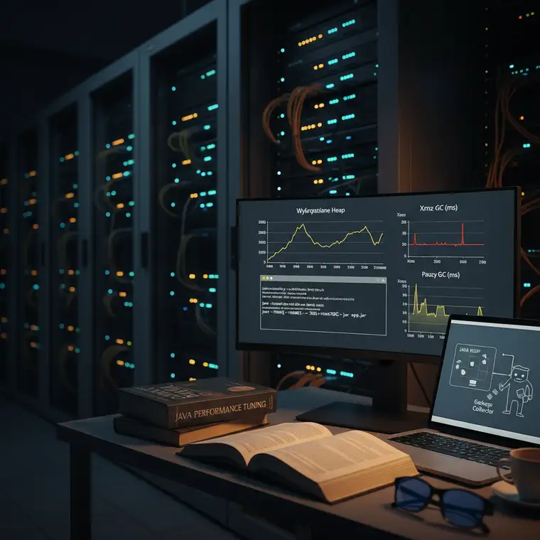 Dashboard monitoringu JVM z użyciem heapu, czasami GC i metrykami serwera dla aplikacji Java na produkcji