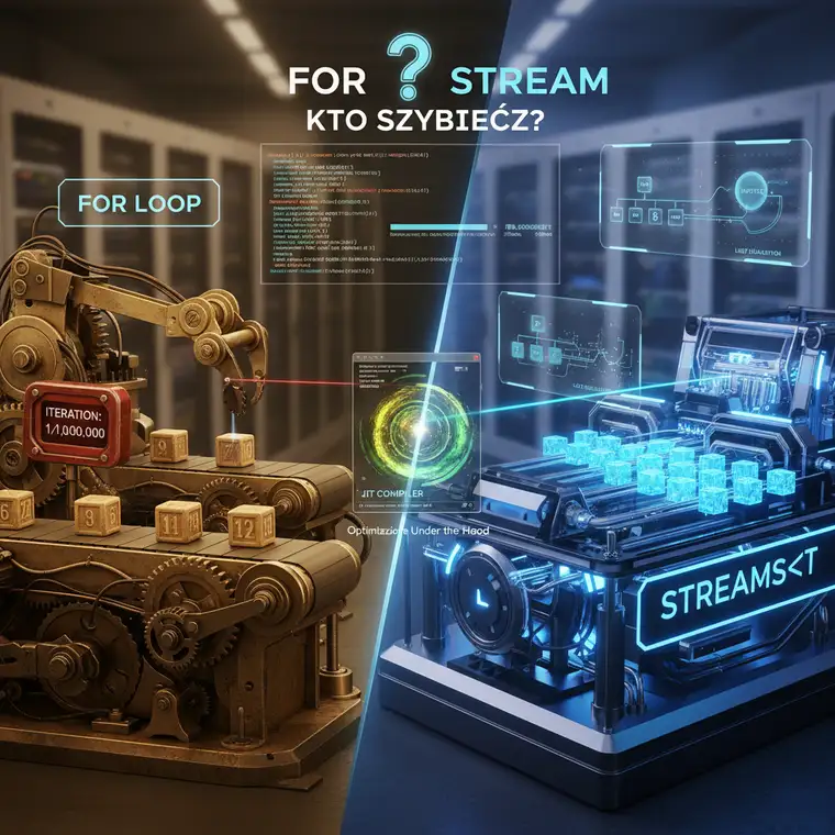 Diagram pokazujący równoległe przetwarzanie w Java Stream API w porównaniu z sekwencyjną pętlą for i wpływ na wydajność kodu