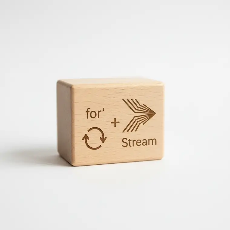 Schemat porównujący klasyczną pętlę for i Java Stream, ilustrujący różnice wydajności i podejścia deklaratywnego w przetwarzaniu danych