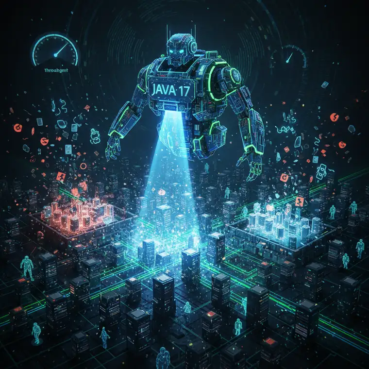 Schemat pamięci JVM z młodą i starą generacją ilustrujący działanie Garbage Collectora w Java 17