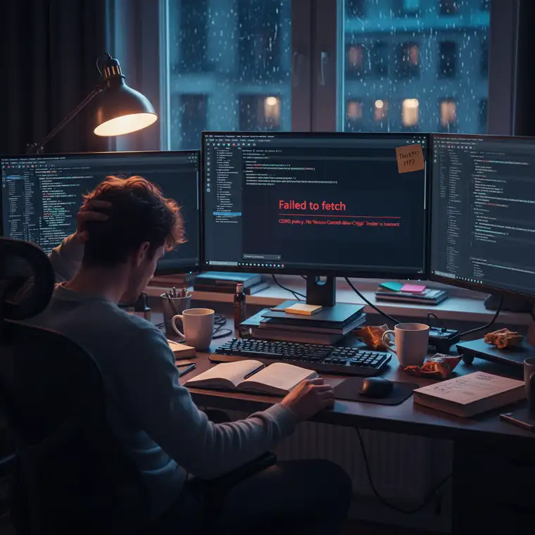 Schemat komunikacji frontend–backend pokazujący błąd failed to fetch w React 18 na produkcji i wpływ CORS oraz HTTPS