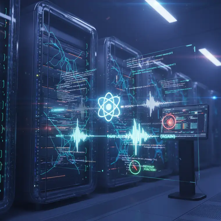 Schemat cyklu życia komponentu React: mount, unmount i ponowny mount z podwójnym wywołaniem useEffect w StrictMode, obrazujący czyszczenie efektów