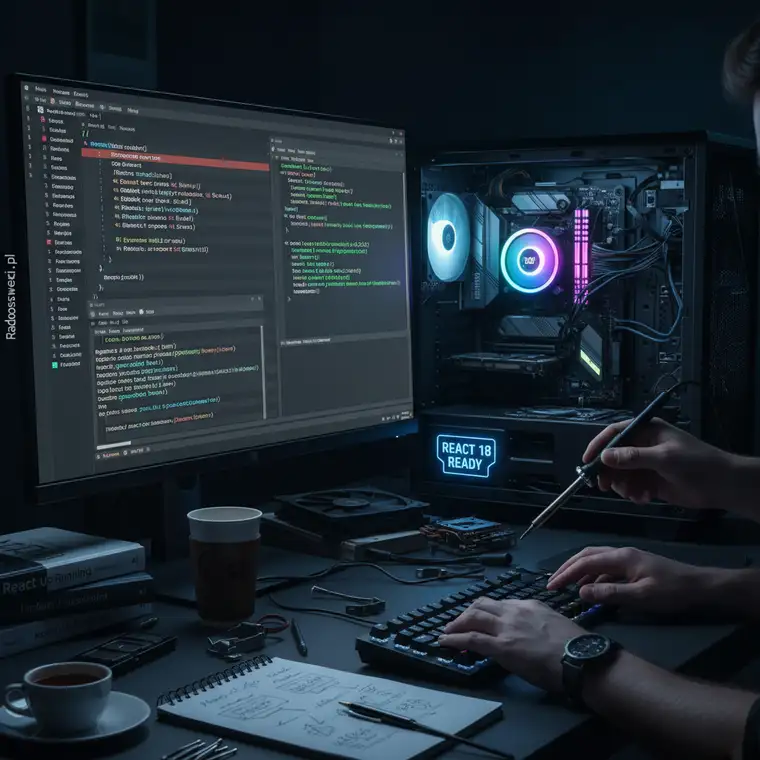 Fragment kodu z React 18 i React Router 7 pokazujący poprawne użycie createRoot oraz konfigurację tras w projekcie SPA