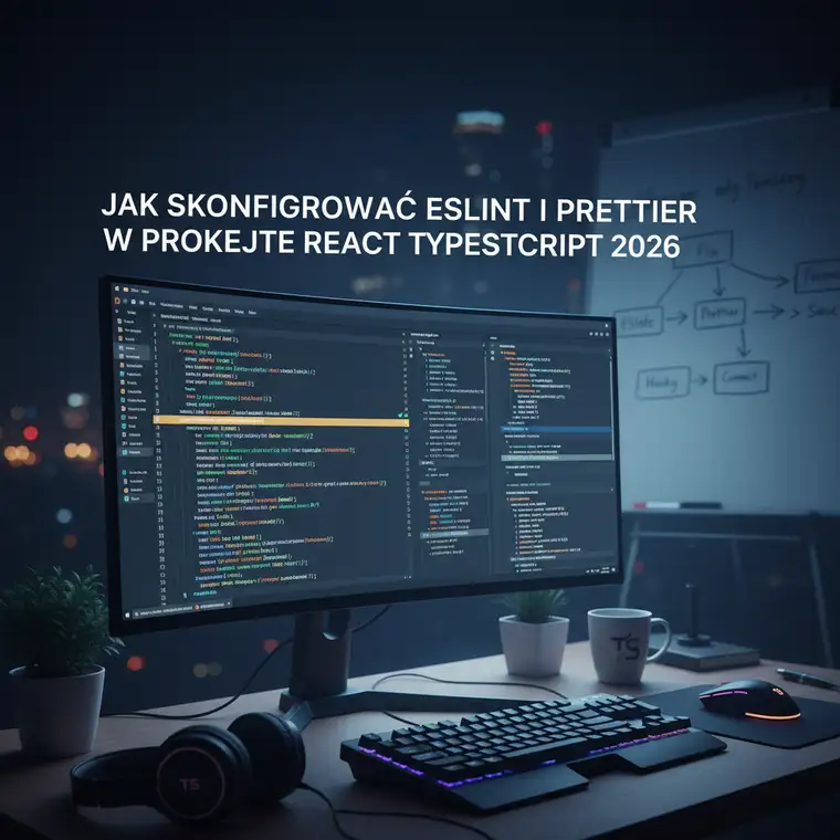 Schemat integracji ESLint, Prettier, React i TypeScript pokazujący przepływ jakości kodu w projekcie