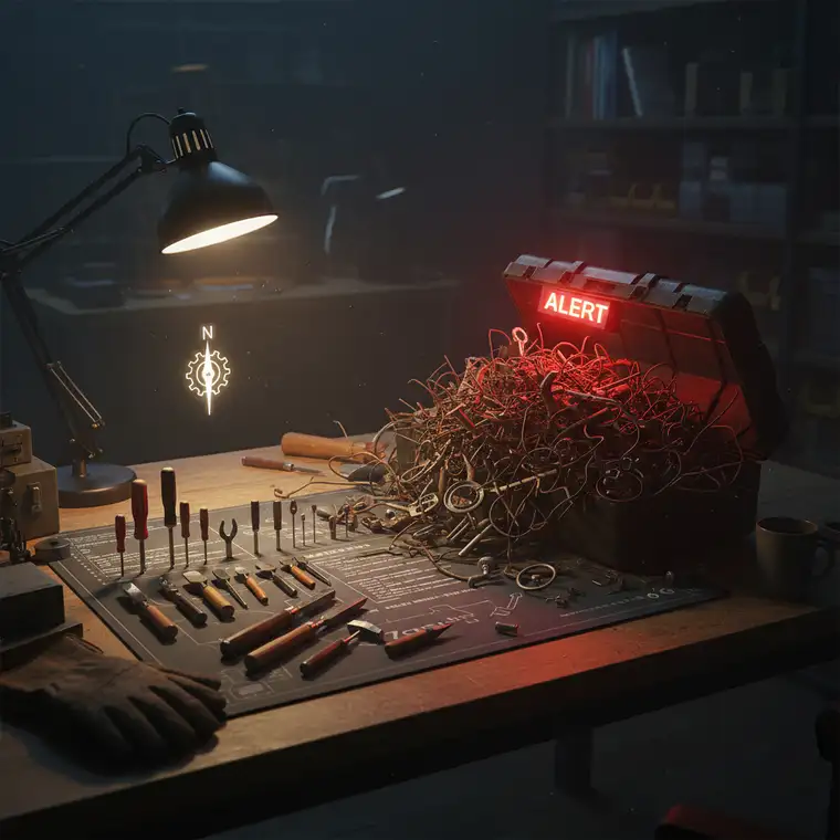 Schemat pokazujący plik z wieloma niespójnymi komponentami React, ilustrujący błąd architektoniczny i problem SRP