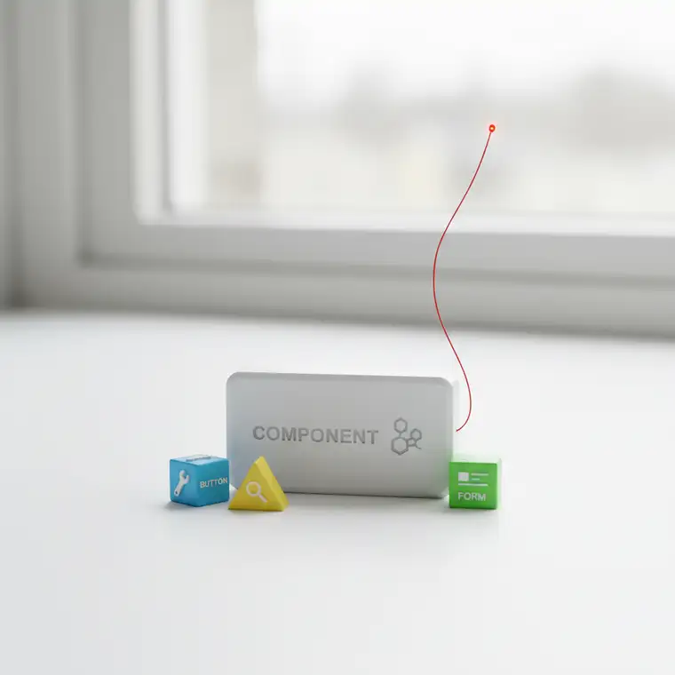 Schemat architektury komponentów React pokazujący różne odpowiedzialności i powiązania, ilustrujący ile komponentów w jednym pliku React to dobra praktyka