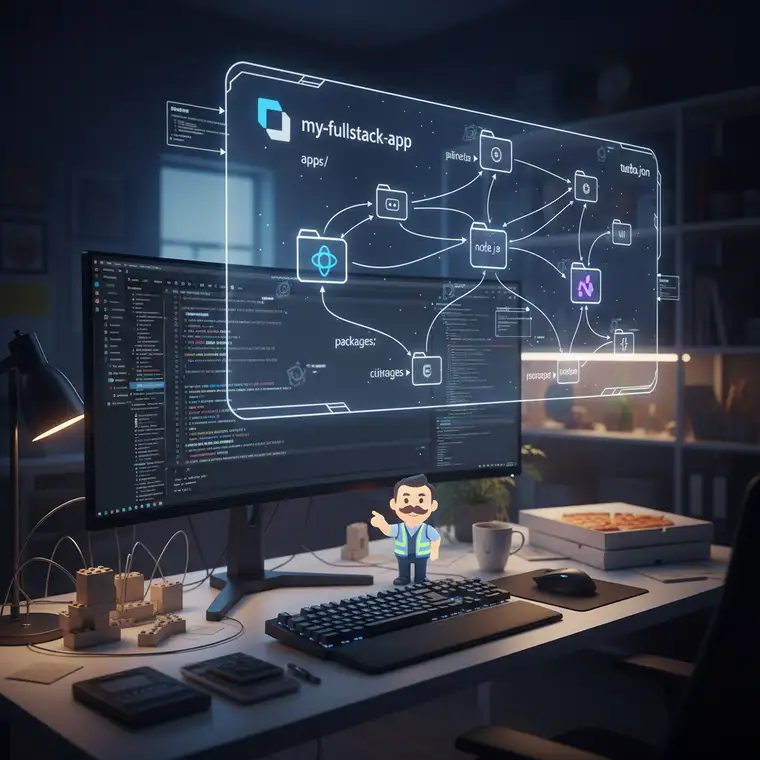 Diagram backendu Node.js i API w monorepo z Turborepo, współdzielącego kod z aplikacją React i pakietami utils
