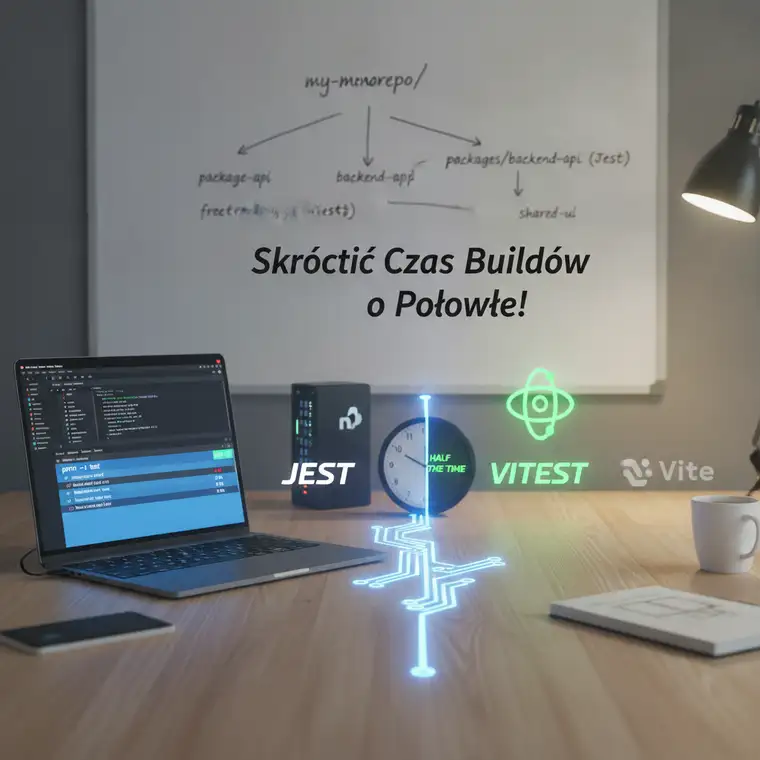 Diagram porównujący Vitest i Jest w monorepo React i Node, pokazujący przepływ testów jednostkowych i skrócony czas buildów
