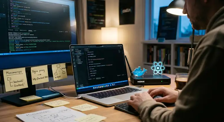 Schemat multi-stage build: etap builder z Node.js oraz etap runner z Nginx serwującym statyczną aplikację React w kontenerze