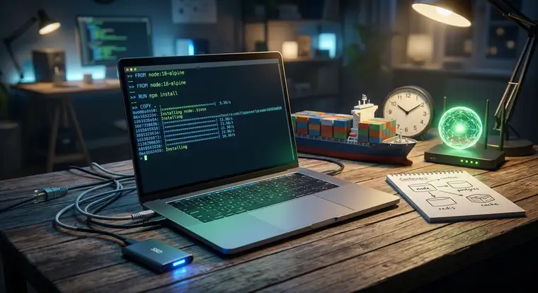 Schemat warstw Dockera pokazujący cache dla buildów obrazu Node.js i wpływ kolejności instrukcji Dockerfile na czas budowania