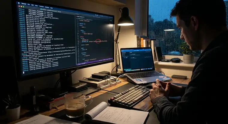 Programista debugujący docker-compose dla Node.js i PostgreSQL, analiza logów kontenerów i konfiguracji plików YAML na laptopie deweloperskim