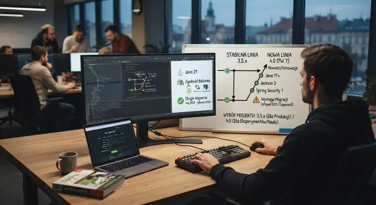 Wizualizacja cyklu wsparcia Spring Boot i wyboru między wersją 3.5 a 4.0 w nowym projekcie Java dla zespołu